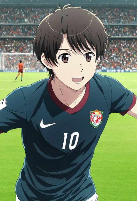 high resolution, solo, best quality, 1Boy, Inaho Kaizuka, Black Hair, Brown Eyes, Soccer , soccer player, field, potrait, sport photography celebration, OverallDetail