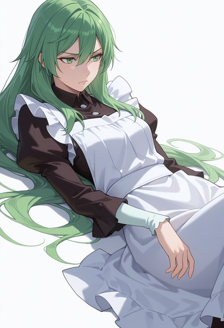 Smooth Quality,masterpiece,very intricate, high quality details, ultra realistic, high detailed skin,detailed enviorement,absurdres,
simple background, white background,
reclining, one leg over other, arm on backrest, calm, composed,  ,dynamic angle,despair,solo,
 <lora:Misery_cnn:0.8> 1girl, green hair, green eyes, hair between eyes, frown, very long hair, sidelocks,dress, shirt,maid apron, puffy sleeves, long sleeves, juliet sleeves, enmaided,