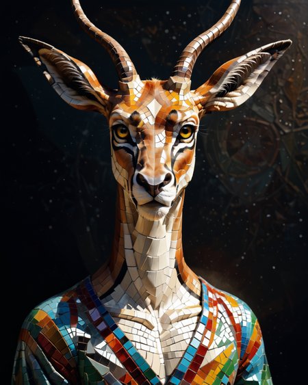 score_9, score_8_up, score_7_up, intricate details, rating_safe,
 <lora:MosaicStyle:1>,
1boy(Mosaic, made from colored stone pieces, 
anthro furry, antelope, 
full body, looking at the viewer, solo, smiling), black background, 
<lora:ral-chrosc-clr:0.3>, ral-chrosc-clr,
<lora:xl_more_art-full_v1:0.3>,
<lora:add-detail-xl:0.3>