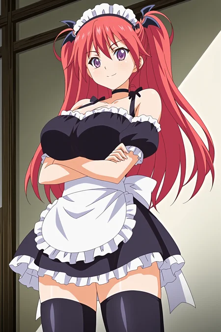 anime screencap, anime coloring, detailed face, masterpiece, best quality, very aesthetic, absurdres, volumetric lighting, official style, amazing quality, ultra detailed,  highres, amazing quality, scenery, beautiful detailed hair, beautiful detailed eyes,
<lora:StS-Illustrious-Detail-Slider-v1.0:4>
 <lora:Firika_Mia_Shatana_and_Sera_Mitra_Airun_Nuki_Doki_Tenshi_to_Akuma_no_Sakusei_Battle:1>, 
Firika Mia Shatana (character), 1girl, solo long hair, large breasts, red hair, purple eyes, crossed arms, maid, black thighhighs, apron, maid headdress, smile
