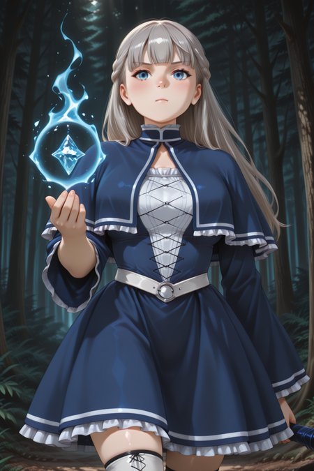 masterpiece, best quality, amazing quality, 1girl, solo, makeup, general, looking at viewer, cowboy shot, ice magic, blush, sunlight, nature, forest, serious, (day), <lora:sousou_no_frieren_lawine:1>, sousou_no_frieren_lawine, long hair, straight hair, grey hair, blunt bangs, blue eyes, breasts, long sleeves, wide sleeves, frilled sleeves, blue dress, frilled dress, blue capelet, frilled capelet, french braid, cross-laced clothes, white belt, zettai ryouiki, thighhighs, boots, white footwear, holding, blue staff, <lora:wai-2Rectified-V140:1>, <lora:Illustrious_-_Refiner:1>