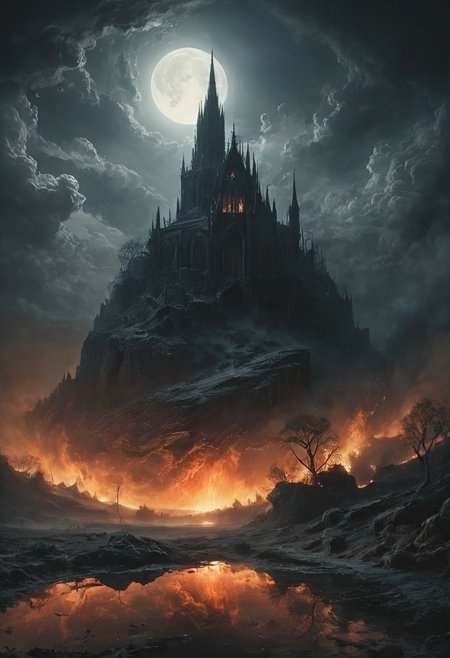 highly detailed and hyper realistic photo, by Alena Aenami , by Archibald Thorburn , by Daniele Afferni , rural country, apocalyptic fantasy, silver flame, glowing cathedral, divine light, burning skyes, mmo, digital art, 4 k, art by gustave dore, hiremius bosch, in the style of  monochromatic silhouette reflection,  limited dark palette, unusual dark colors, faded colors, atmospheric haze, highly dramatic cinematic lighting, motion blur, film grain,  professional, excellent composition, finest details, maximized details, ultimate detail level, masterpiece, best quality