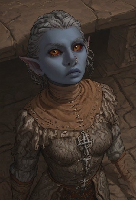 solo, short pointy ears, piercings, random elf face, aquiline features, female dark elf, brow rings, nose rings, beaded piercings, weathered skin, large nose, insect chitin armor, insect chitin helmet, insect chitin ornaments, stylized insect pattern, athletic build,  animated realism, zoomed out, Syrian features, torso, brass pipes and gears, intricate architecture, dwarven masonry, dwemer fixtures, white-green light, gloomy lighting, ancient ruins, interior, stone tiled floor, grey-blue skin, mahogany and ivory clothes, medium armor, bone plate armor, ivory straps and fittings, alien bone ornaments, grey wood neckguard, red sclera, black pupils, blue-green light, neon, highly detailed, defined features, looking at viewer, three quarters view, from above, dynamic lighting, 19 years old, light and shadows, patterned cloth, annoyed expression, expressive eyes, detailed medieval clothes, medium_breasts, short hair, wavy hair, thick hair, beaded hair, braided hair, under cut hair, semirealistic, alien elf, spanish features, jewish features, white grey hair, dark red hair, umber skin, sharp features, pastel green inuit print cloak, nighttime, high detail, absurdres, pretty eyes, detailed eyes, yellow eyes,