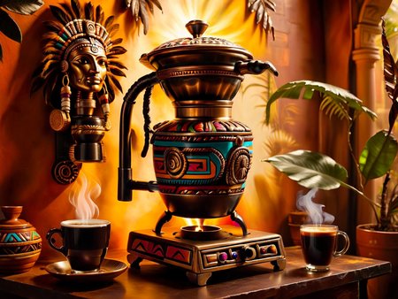 <lora:CulturePunkAI_1Pruned:.9> TotemPunkAI Maya  coffee machine  (Highly detailed, amazing tribal setting), (Impressive lighting), (Colorful, Ultra Realistic, High quality, Highly detailed, Sharp focus, 8K UHD, Art photography), (trending on artstation)