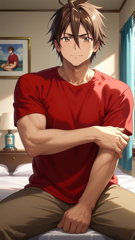 score_9, score_8_up, score_7_up, mature male, looking at viewer, cowboy shot, 
<lora:Takashi_Komuro_Dwnsty:1>, takashi_komuro, brown hair, brown eyes, hair between eyes, short hair, red shirt, biceps, flexing, hand on own arm, 
exhausted, relief, smirk, 
indoors, bedroom, on bed, sitting, relaxing, reclined,