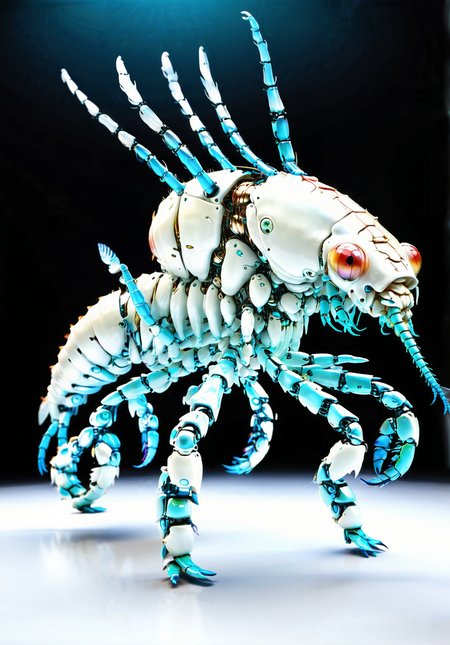 Robot Mantis Shrimp, iridescent wings, lightweight frame, multifaceted eyes, bio-inspired design, solar-powered, agile flight, silent operation, micro cameras, obstacle detection, flexible joints, programmable flight patterns, real-time data transmission, wind-resistant, rechargeable micro batteries, UV-resistant coating, adaptive algorithms, stealth mode, weatherproof, high-resolution sensors, collision avoidance system, <lora:Robomals:1>,