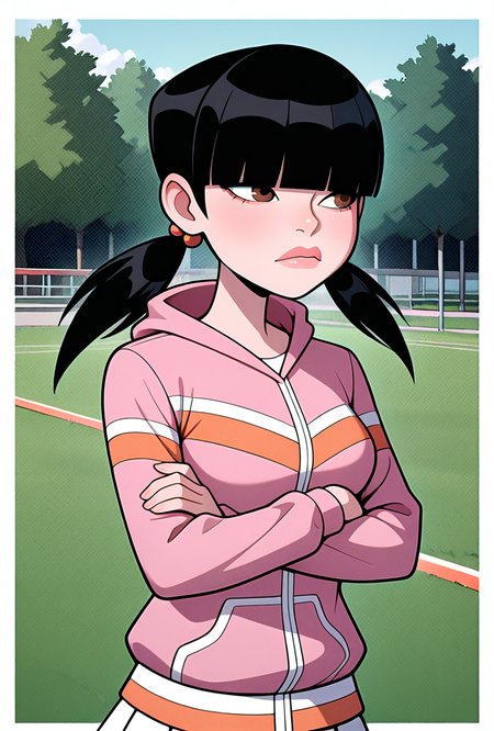 <lora:julieov:1>, julieov, black hair, twintails, 1girl, breasts, low twintails, pink hoodie, blunt bangs, hair ornament, jacket, long sleeves, brown eyes, lips, hair over eyes,, white skirts, expressive, wide face, crossed arms, mad, upset, looking away, public park, avoiding eye contact, upper body, halftone effect, white borders, abstract background:1.2,, masterpiece, best quality, amazing quality, very aesthetic, absurdres, newest,