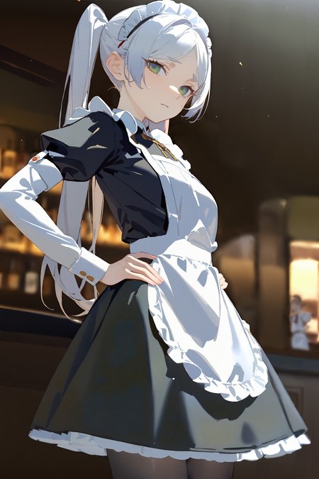 masterpiece, best quality, very aesthetic, ray tracing, newest, (hitenkei, askzy:0.4),1girl, frieren, twintails, solo, maid, maid headdress, maid apron, shy, pantyhose, hands on hips, looking at viewer, cowboy shot, bar \(place\), indoors, depth of field <lora:quality1:0:hr=2>,  <lora:Char-Frieren-XL-V1:0.9>