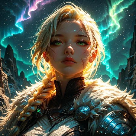 smooth quality, HDR, 8K, masterpiece, best quality, amazing quality, very aesthetic, absurdres, newest, (scenery, volumetric lighting), realistic, simple background, from above, portrait, longship, aurora, fjord, depth of field, 1girl, mature female, fur cloak, braided ponytail,  blonde hair, viking, shield, shield pattern, holding shield, expressionless, undercut,  green eyes, scar on cheek,  masterpiece, best quality, amazing quality, very aesthetic, absurdres, newest, (scenery, volumetric lighting), realistic, depth of field,  <lora:add-detail-xl:1.5>  <lora:biolum:1>, bioluminescen, glowing,