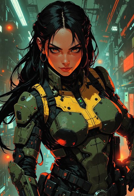 magnificent, closeup portrait, female bounty hunter, braided black hair, futuristic armor, halo spartan, spartan armor, sexy, curvy, large breasts, large ass, guns, gun, gun on back, gun in hand, pistol, holding pistol in hand, aiming pistol, Cyberpunk City, Neon Lights, foreshortening,
looking at viewer, solo, smirk, cocky smirk, 
Cowboy Shot, close up, from above,