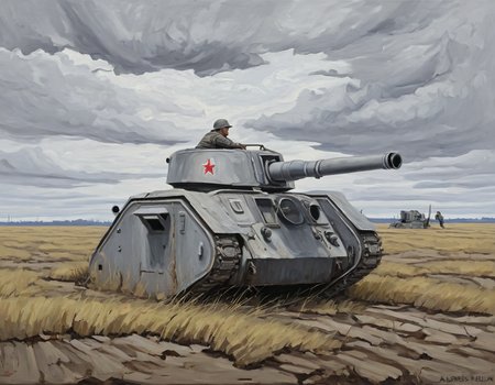 oil painting, a lmnrsstnk,side view,grey tank, <lora:Leman_Russ_Battle_Tank_-_Warhammer_40000_SDXL:0.8>,in deserted field,socialist realism