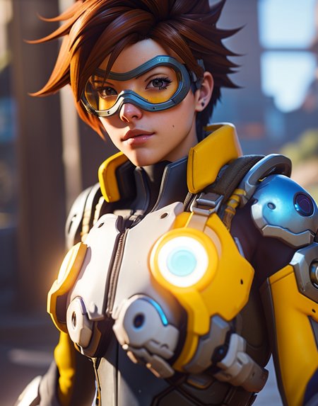 overwatch screenshot,  tracer character wearing googles,  cinematic composition, shaders, bright cinematic lighting, video game