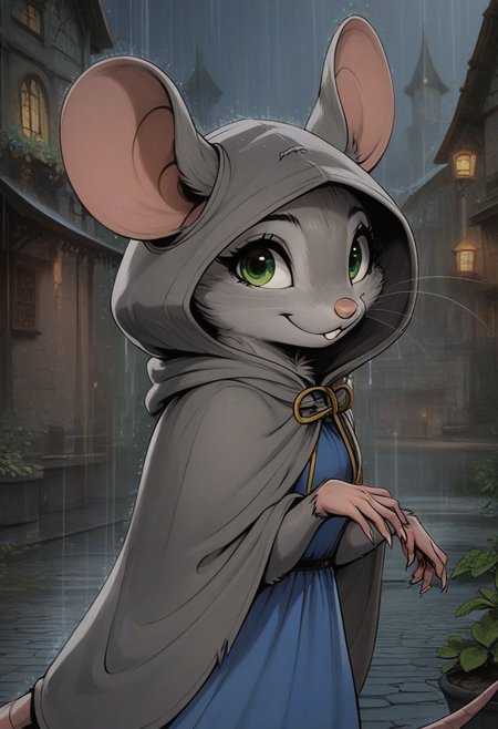 score_9, score_8_up, score_8, (solo), (solo:2), (fluffy:0.8), (feral), outdoors, furry, (((mouse))), female, bright green eyes, grey fur, grey ears, claws, (fluffy cheeks:0.4), grey hooded cape, hood up, (blue dress), cute, in the style of beatrix potter, cel-shading, fca style, village, night, rain, (dark:1.5), backlit,  (side view:1.3), (upper body shot), look back