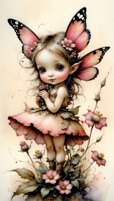 Beautiful little fairy girl on flower, flowers, by Jean-Baptiste Monge, beige - pink palette, watercolor and ink, intricate details, fantasy, beautiful, award winning, colorful, fantastic view, crisp quality<lora:xl_more_art-full_v1:0.5>