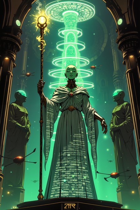 ne0nfant4sy, A techno-priestess, her emerald-green skin marked with glowing runes, stands atop a floating platform that levitates in a cavernous, alien cathedral. Her silver robes shimmer with thousands of nanotech particles, adjusting with her movements, while her bald head is crowned with a floating halo made of spinning, luminous data rings. Her hands are raised high, summoning a vast array of translucent digital screens, each displaying ancient symbols and futuristic code simultaneously. The staff she wields hums with both tech energy and eldritch power, its tip an orb of shifting energy, flickering between solid and ethereal states. Behind her, towering statues of forgotten gods, part machine, part stone, loom in the shadows, their eyes glowing faintly with residual energy. Floating drones, engraved with holy symbols, hover around her, chanting in synthetic voices. Her violet eyes are closed, deep in concentration, as she bridges the digital and divine realms. The air is heavy with both incense and the sharp tang of electric ozone, creating an atmosphere of reverence and technological wonder.<lora:RetroAnimeFluxV1:0.5><lora:NeonFantasyFLUX:0.3>
