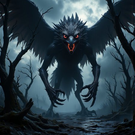 towering, nightmarish giant buzzard inspired by the Roc, twisted into a grotesque, decayed predator. Its massive, tattered wings stretch like blackened shrouds, each jagged feather cracked and razor-sharp. Its glowing red eyes radiate a malevolent hunger, staring with sentient malice. The gnarled, serrated beak is chipped and stained, its leathery, rotting flesh peeling to reveal exposed sinew. The elongated, hooked talons glisten with congealed filth, clutching at the decayed earth. Shadows cling to its skeletal form, moving unnaturally as if alive
wasteland below suffocated by thick fog, skeletal trees twisted into unnatural shapes. The cracked ground oozes a black, tar-like substance, reflecting the fractured storm above—sickly lightning flickers, casting eerie, angular highlights. A suffocating silence lingers, broken only by distant, wailing horrors. The moody, cinematic lighting heightens the scene’s dread, contrasting deep blacks with eerie underlighting that enhances every grotesque detail. Rendered in FLUX cinematic horror realism, 8K ultra-detail, hyper-realistic horror textures, dynamic volumetric lighting, and grotesque high-fidelity anatomy. Shot with a 50mm cinematic lens, low-angle, emphasizing its overwhelming, predatory presence. Shadows stretch unnaturally, pulling the viewer into its nightmare