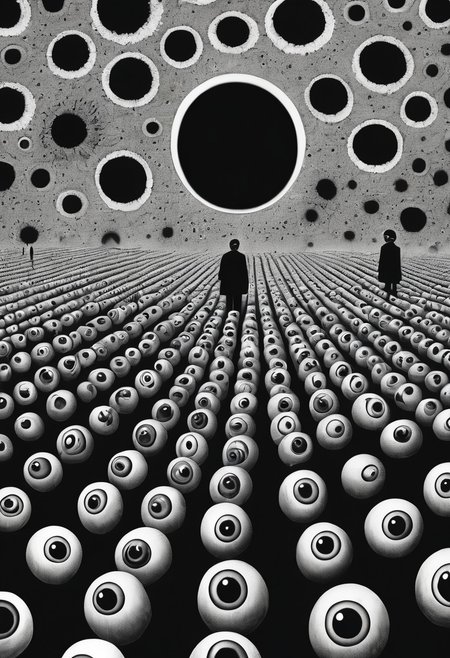 score_9, score_8_up, score_7_up, Surrealism, a background of eyeballs in a black void, 1 man cowering in terror in on ground, suffering from fear, guro, mind broken