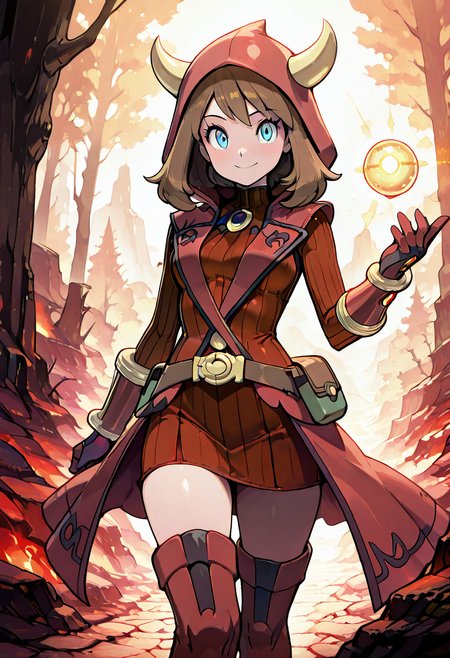 masterpiece, best quality, 1girl, solo, eyelashes, (beautiful eyes), smile, looking at viewer,    zzMayMagCitron, blue eyes, brown hair, medium hair, red dress, red gloves, hood up, fake horns, ribbed dress, thigh-high boots, leather pouch, misty forest, mysterious expression, fantasy mage. In a misty forest clearing, zzMayMagCitron stands with her hood raised, gripping a glowing crystal orb as light filters through the trees.  <lora:MayMagmaPokemonCitron_IXL:1.0>,
