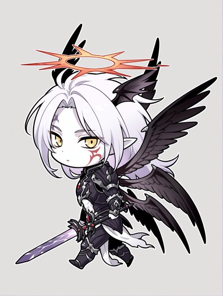 chibi,1boy,the first darklord,male focus,holding purple sword,sword over shoulder,purple sword,solo,red halo,black head wings,from side,white skin,facial tattoo,looking at viewer,angel,closed mouth,full body,black angel wings,black armor,black armored boots,black breastplate,black pauldrons,black vambraces,white pelvic curtain,multiple wings,
masterpiece,best quality,amazing quality,very aesthetic,absurdres,newest,<lora:The first DarkLord illusXL v1:0.77>,<lora:wai-2Rectified-V140:0.7>,
