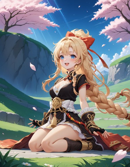 masterpiece, best quality, very aesthetic, absurdres, rom_sarah_xl,
1girl, blonde hair, braid, hair bow, blue eyes, smile, open mouth, fingerless gloves, 
sitting, seiza, 
outdoors, hill, grass, flowers, cherry blossoms, (wind, falling petals, light particles:1.4), light rays, tyndall effect, vivid colors, tranquil and magical atmosphere,
shiny skin, beautiful face, beautiful eyes, extreme detailed, official art, professional illustration, hires,
<lora:rom_sarah_xl:1>, <lora:aesthetic_anime_v1s:0.5>, <lora:add_details_xl:0.5>
