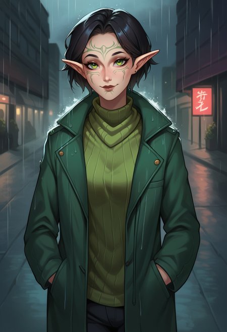 score_9, score_8_up, score_7_up, 1girl, solo, SulfS-M3rr1LL, pointy ears, face tattoo, facial mark, short hair, black hair, green eyes, yellow turtleneck, green coat, hands in pockets, pants, smiling, neon city streets, rain, glow, upper body,
<lora:Merrill_Dragon_age_2:0.8>, <lora:Enia_-_Artist_style_model_by_SulfurSniffer-000005:0.8> ss-3n1a,