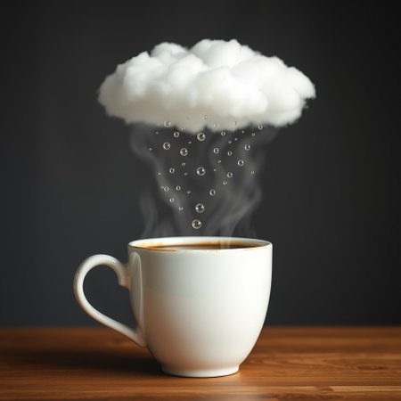 A cup of coffee where the steam forms a cloud, raining tiny droplets back into the cup, in a self-sustaining cycle.