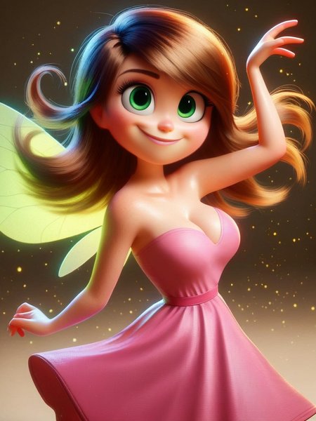 score_9, score_8_up, score_7_up, score_6_up, 1girl, fairy wings, green eyes, brown long hair, pink dress, bare shoulders, sexually suggestive, curvy, large breast, sexy, looking at viewer, cowboy shot, dynamic pose, cute, dutch angle, cleavage, simple background, smile, :D, from above, particles around, from side, arms togother, cute pose, 
cartoon,  <lora:InsideOutCH_Style:1> InsideOutXLP,