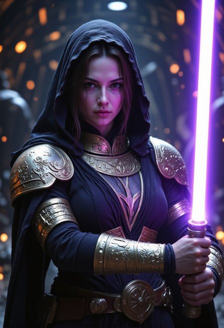 realistic, PHOTOREALISTIC, ((perfect anatomy)), (futuristic warrior holding purple lightsaber:1.3),  25 years old, perfect quality, high quality,(sci-fi, star wars, jedi knight, empress, married), Jaina solo, big brown eyes, dark brown hair, long straight intricate hair, athletic female, ((fitness models, muscle detail, detailed muscle)), long athletic muscular legs, athletic round muscular butt, athletic hips, perfect breasts, perfect body, epic, long hair, intricate hairstyle, cute, soft skin, soft skin, textured skin ,shining glossy skin, soft abs, athletic waist, (slender body),  sci-fi, futuristic, ((intricate transparent flowing sheer jedi robes showing sexy body underneath:1.2, armor parts on body:1.2, marble armor:1.2, greave, boots)), glowing Kintsugi tattoos on body:1.3, Expressiveh, (volumetric lighting:1.2), cinematic, cinematic lighting, reflections, ultra hd, visual effects, graphic effects, ambient occlusion, raytracing, soft lighting, realistic, blum effect, masterpiece, absolutely eye-catching, particles, glow, shining, (intricate cinematic background, on space station, outer space in background, Jaina is leaping into the air towards unseen sith lord swinging her lightsaber at them,  god rays), (beautiful face), R3alisticF, Perfect hand, Detailed hand, 5 fingers on each hand