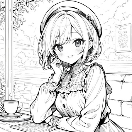 score_9, score_8_up, score_7_up, coloring page, colouring page, monochrome, solo, 1girl, short hair, parted lips, black eyes, cute dress, blouse, beret, having tea outside a cafe, smiling, looking at viewer, best quality, detailed, masterpiece
