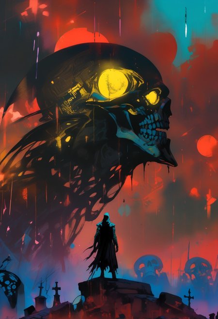score_9, score_8_up, score_8_up, ((Cinematic composition)),((masterpiece)), (resplendent highlighting), 8k. 
a cowboy summons skeletons in a graveyard. The cowboy stands by his skeletal steed, Its skeletal structure is intricately detailed. Some skeletons are half out of the ground. 
The background is a moonlit night sky, with a large, full moon casting an eerie glow over the scene. Alien Spacecraft are invading and landing in the background.
Ink, Charcoal and watercolours. impressionistic. (Klimt :1.2) dadaistic collage (by Bill Sienkiewicz:1.5), strikingly alluring face. brilliant spotlight effect. Vibrant thick dripping paint. Intense detail, realistic, dynamic shadows and contrasts. Matte and faded background colours.surreal, intense colors, liquid, unreal parts, alluring, fluid, perfection, gothic. (Luminous skin dynamically highlighted), Illustration, (klimt:0.8) (Bill Sienkiewicz:1.5). maximum detail, Chinese watercolor and ink technique. Gold leaf highlights.
<lora:xl_more_art-full_v1:0.4> <lora:epi_noiseoffset2:1>3