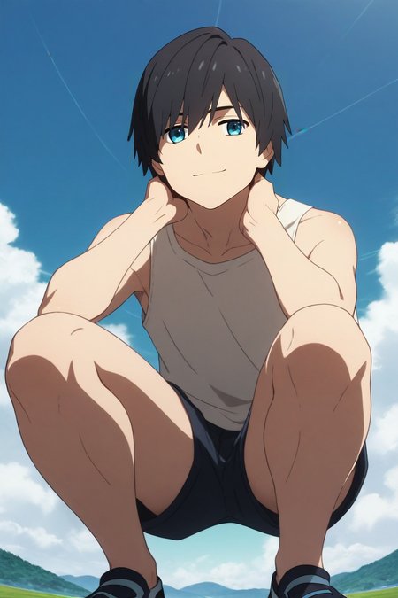 score_9, score_8_up, score_7_up, source_anime, rating_safe, intricate details, (photorealistic:0.6), looking at viewer, , 1boy, solo, male focus, <lora:hiro_franxx_pony:0.8>, hiro_franxx, black hair, blue eyes, bangs, , from below, hill, dark, squatting, seductive smile, , <lora:sdxl_lightning_8step_lora:1>
