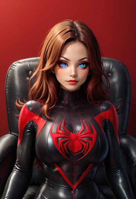 a woman, mid-length hair, brown hair, red reflection hair, blue eyes, mask, stares at the viewer with loving eyes, lying in a black and red armchair, very comfortable armchair, milessuit, mask