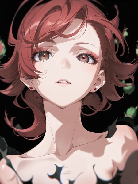 solo, 1girl, colored eyes, portrait, flowing hair, red hair, looking at viewer, (black background), shadow, chromatic aberration, red eye, eyelashes, blur, upper body, wind, vvi \(artstyle \) , vvi\(face \), clusters of red roses in the background, cool girl