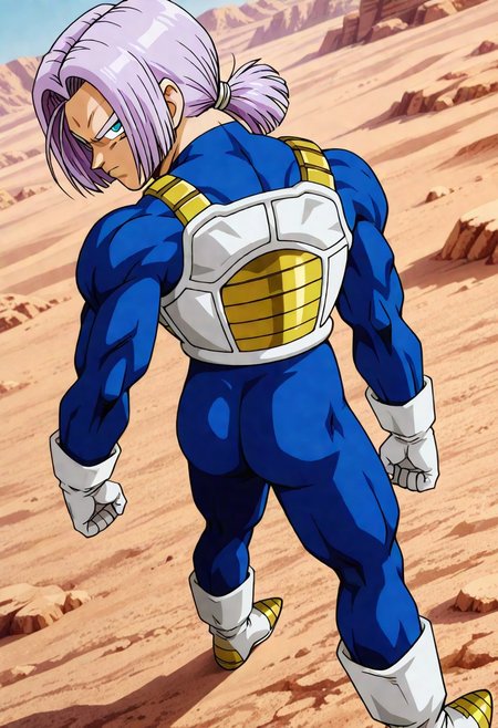 LongHairFutureTrunks, 1boy, long hair, lavender hair, low ponytail, blue eyes, saiyan armor, blue bodysuit, white gloves, boots, two tone footwear, white footwear, muscular male,  solo, fighting stance, dynamic stance, dynamic angle, arms at sides, upper body, looking at viewer, cowboy shot, desert background, scene reference, verybadimagenegative_v1.3, back turned, nice_butt,