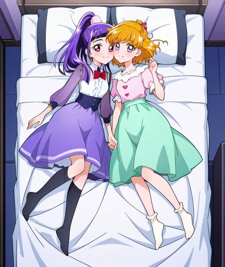 (2girls:2),
BREAK
BREAK
BREAK smile,wearing clothes,closed mouth,looking at viewer,
BREAK full body,
BREAK
BREAK
BREAK on bed,lying,
BREAK
BREAK
BREAK
BREAK blue sky,cheek-to-cheek,anime coloring,<lora:Mahou Tsukai Precureï¼~MIRAI DAYS~:1>,asahina mirai,izayoi liko,