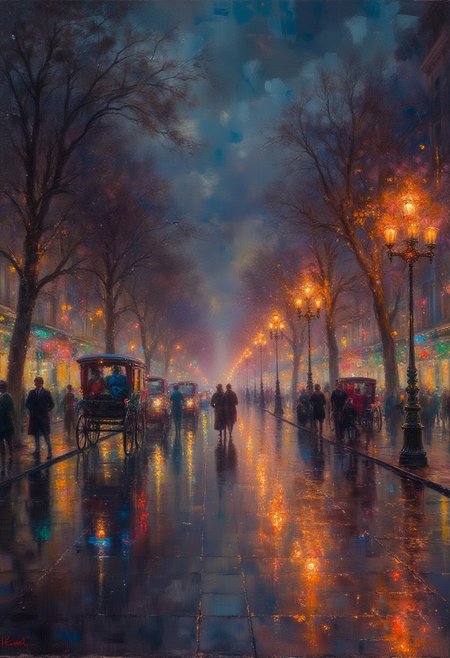 Camille Pissarro, Boulevard Montmartre at Night,
The image shows a bustling city street illuminated by soft streetlights. Carriages and pedestrians fill the street, and the glowing lights cast a golden hue on the wet pavement.
city street, streetlights, carriages, pedestrians, glowing lights, wet pavement, bustling, night scene