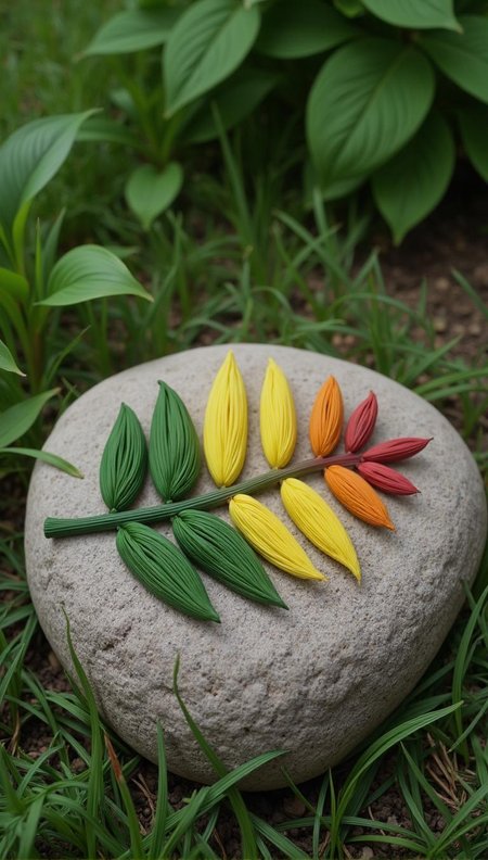 <lora:flux-licoricestyle.safetensors:1> made out of  Licorice, A fantastical creature with striped, animal-like features, blending the familiar with the exotic.
In this photograph, six delicate leaves lie on a round stone in a natural garden setting. The leaves are arranged horizontally, showcasing three green tops, two yellow middles, and one reddish-orange bottom. A rough-textured stone provides an interesting contrast to the smooth surface. The focus is shallow, with blurred grass and leaves in the background. The lighting is soft and unfiltered, capturing every detail of this peaceful scene.