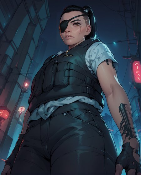 score_9,score_8_up,score_7_up,
Regina,brown eyes,black eyepatch on right eye,black hair,ponytail,undercut,
shirt,vest,cross necklace,looking at viewer,fingerless gloves,black pants,
night,standing, from below,    
cyberpunk,   police station, 
looking at viewer,<lora:ReginaJonesCP2077-XL11:0.9>,solo,