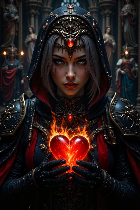 A hyper-realistic portrait, photorealistic photo close-up image of A close-up portrait of a middle-aged female Imperial Inquisitor with short, graying hair and weathered, pale skin, her sharp features hardened by years of service. Sheâs in a dimly lit, gothic cathedral, surrounded by towering statues of saints and angels, holding a strange, burning red relic in her gloved hands. Her black armor is adorned with gold trim and purity seals, and a blood-red sash is draped across her chest, signifying her rank and authority. A simple, iron circlet rests on her head, with a single, glowing red gem embedded in the center. The relic in her hands is shaped like a burning heart, its flames flickering and casting eerie shadows across her stern face. Her gray eyes are locked on the relic, filled with both reverence and determination as she contemplates the power it holds. The cathedral around her is silent, the air heavy with the scent of incense and the weight of history. Her expression is one of unwavering faith and resolve as she prepares to wield the relic in her eternal fight against the enemies of the Imperium. (photography, high-resolution, dynamic, energetic,hyper-realistic, dramatic lighting, shallow depth of field.), detailmaximizer, MythP0rt<lora:midjourney_whisper_flux_lora_v01:0.55><lora:aidmaMJ6.1-FLUX-V0.1:0.4><lora:FluxMythP0rtr4itStyle:0.4><lora:detailed_flux_ntc:2.2><lora:aidmaImageUpgrader-FLUX-V0.1:0.65>