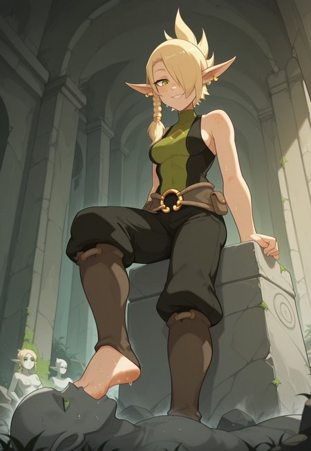 SFGFIL, foot in mouth, newest,, masterpiece, best quality, very aesthetic, HDR, ultra-detailed, anime, 748cmstyle, mythp0rt, femdom, hetero, forced, standing, from below, 
1girl, illucleo, ((pointy ears)), ((freckles)), earrings, jewelry, (blonde hair, single braid, side braid, hair over one eye), green eyes, sleeveless, bare shoulders, belt, boots, ((medium breasts)), ((ancient lost city, eternal mist, broken elemental temples, floating stone ruins, faded banners, magical runes glowing faintly, overgrown pathways, silence and whispers, time-frozen architecture, mystical energy lingering, forgotten battleground, cold wind, distant echoes, eerie light, crumbling statues, ghostly ambiance)), smelly:1.9, sweaty:1.9, steamy feet:1.9, evil smug, skindentation, skinny, rock, sitting on the rock, 
1boy, lying, Foot Sucking