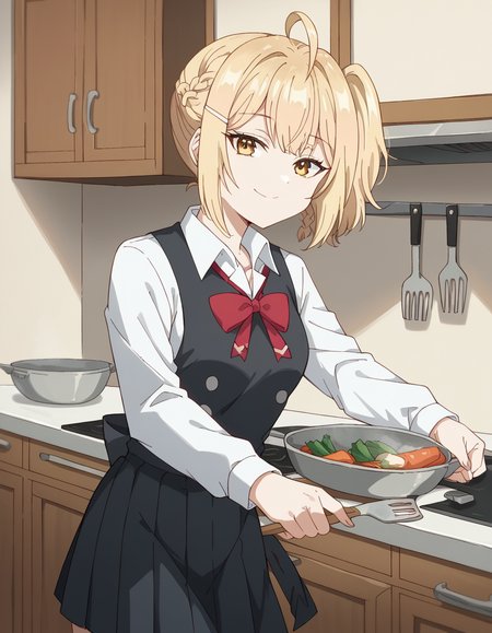 score_9, score_8_up, score_7_up, source_anime, <lora:nonoa-miyamae-s1-ponyxl-lora-nochekaiser:1>, nonoa miyamae, blonde hair, short hair, side ponytail, one side up, braid, hair ornament, yellow eyes, ahoge, hair clip, hair intakes,, shirt, bow, school uniform, jacket, white shirt, collared shirt, bowtie, red bow, blazer, red bowtie, black skirt, pleated skirt,, kitchen, cooking, apron, cutting vegetables, home cooking, smile, , undefined, solo,, cowboy shot, dutch angle