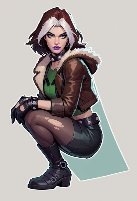 score_9, score_8_up, score_7_up, score_6_up, {Rogue, marvel}, 1girl, pale skin, lilac lips, lilac makeup, short brown hair with white bangs, EVOrogue, black sports bra, studded collar, green mesh top (covered chest), green transparent blouse, long sleeves, gray eyes, black leather skirt, black tights, big black boots, studded bracelets, leather gloves, brown bomber jacket, fur trim, hood,
casual clothes, goth outfit, 
detailed face, pretty face, outline, cel-shading, sketch, 
Crouching, closed legs, view from the side,