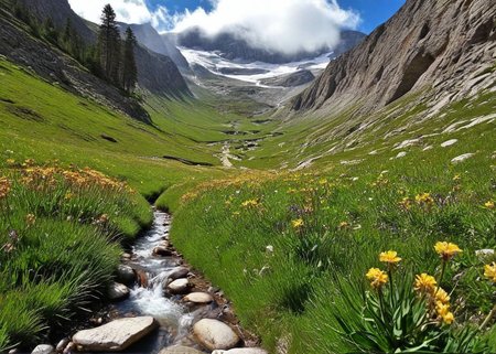 (no human:1.18), scenic open alpine landscape, flowering juicy mountain meadow at springtime, Scandinavian Mountains(butterflies:0.78), group of  birch trees, big rocks tered, puddles of melting snow flowing into a trickle, (Winding trail) Steep, narrow path, disappearing into the mountainside,  
(Mountain wildflowers: Gentian (Gentiana acaulis, G. lutea, G. purpurea) 
(sun breaking through clouds above:1.18)
(pui:0.01),   (epic:0.9, )(RAW:1.05),high definition,best quality, (aesthetic:1.08), absurdres, newest, <lora:LCMTurboMix_Euler_A_fix.safetensors:0.96:0.3> <lora:sdxl\zy_Realism_Enhancer_v1.safetensors:0.85:0.18> <lora:sdxl\add-detail-xl.safetensors:0.87:0.10  p4,s17