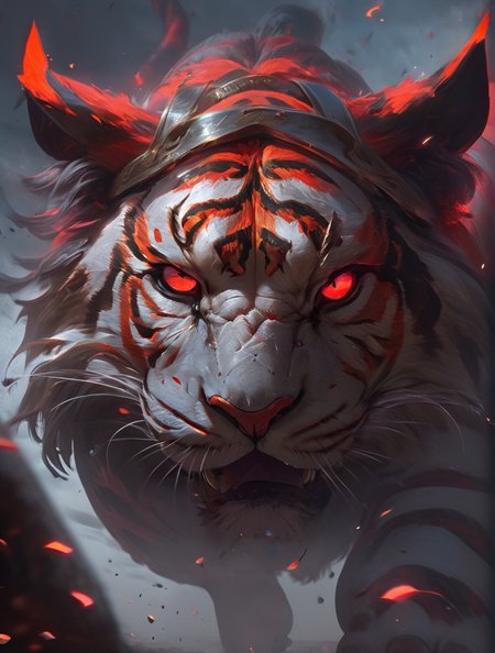 absolutelly epic and ominous masked tiger,animal,protected by raging vortex of glowing shards of destruction,heavy armor ,cinematic,trending,awardwinning,8k,bldmoon,cloudy sky,oriental,full moon,red glowing eyes,<lora:bloodmoonXL-step00000250:0.6>,zhelong zhu,aleksi briclot,ryan hewett,octane render,unreal engine 5,ray tracing,trending on artstation,splash art,official art