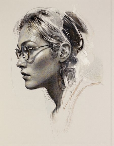 Art by Thomas Haller Buchanan.
This is a highly detailed, monochromatic pencil drawing of a woman's profile, captured in a realistic style on oiled paper.
The subject is a young woman with a strong, expressive profile. Her facial features are rendered in fine, intricate pencil strokes, showcasing a deep understanding of light and shadow. She has a prominent nose, full lips, and a strong jawline. Her eyes are partially visible, with a hint of a piercing gaze. She wears round, wire-rimmed glasses that reflect light, adding depth to her face.