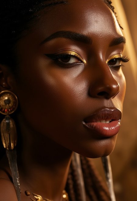 A sensual close-up portrait of Makeda, Queen of Sheba, her face illuminated with soft, golden light that enhances her regal beauty. Her lips are full and meticulously detailed, with a slight sheen of deep crimson gloss, parted ever so slightly to reveal their natural allure. Her iconic eye makeup is striking: bold, black kohl lines extend dramatically from her almond-shaped eyes, winging outward with precision to form the classic Egyptian "feline flick." A shimmering band of gold eyeshadow accentuates her eyelids, blending seamlessly into her black skin tone. Her thick, jet-black lashes curl upward, framing her penetrating gaze, which is both seductive and commanding. Tiny beads of sweat glisten on her flawless complexion, adding a subtle sensuality. Her high cheekbones are lightly brushed with a warm bronze tone, emphasizing her face's elegant structure. Makeda, Queen of Sheba look is the epitome of opulence and mystery, her beauty a timeless invitation to fascination.