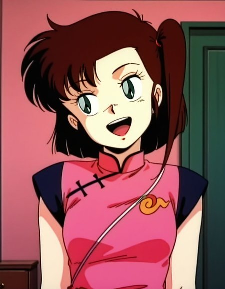 masterpiece, best quality, uncensored,  arms at sides, (head tilt), upper body, laughing, solo, bedroom, 
<lora:Yan0:1>, Yan0, 1girl, short hair, brown hair, green eyes, pink china dress, looking away, 1980s \(style\),