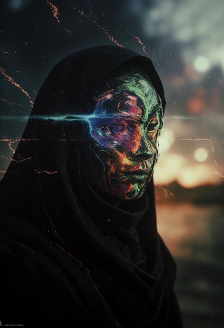 Create a dark and mystical image of a figure shrouded in darkness, with their hood pulled low over their face. The figure wears an ancient silver mask that is almost entirely hidden in shadow. The mask’s surface is weathered and battle-scarred, and the faint, radiant white light that seeps through the hood highlights its intricate engravings.
Instead of a traditional face, the figure’s head is adorned with a glass-like, head-shaped structure. This translucent form reveals a surreal and colorful cosmic universe within, including stars, nebulae, and suns, creating a striking contrast against the dark, shadowy cloak. Light trails, styled like the movement of the figure through the air, weave and shimmer across the image, adding a dynamic and spectral quality.
Around the figure, a chaotic sandstorm blurs the edges of the scene, intensifying the contrast between the cosmic backdrop and the dark, enigmatic presence. The storm’s violent energy reflects in the mask’s glinting details, while beams of holy light intermittently illuminate the glass-like head, amplifying the mysterious and otherworldly atmosphere.