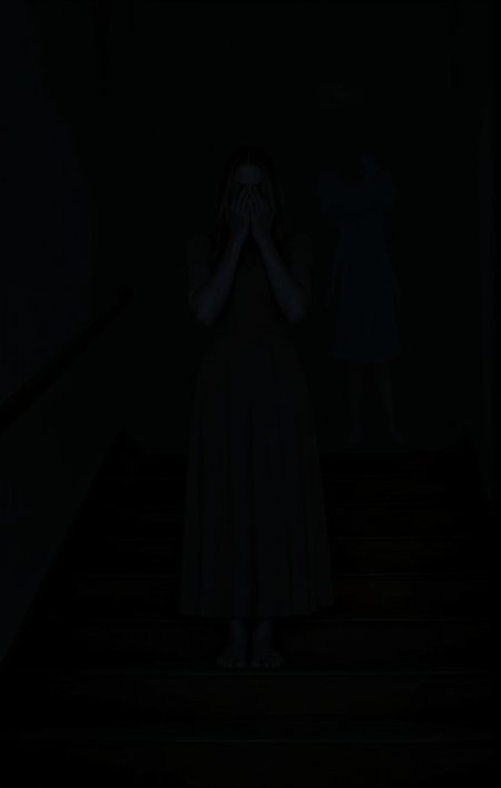 A woman in a long flowing dress stands at the top of a dimly lit wooden staircase her hands covering her face possibly in distress or deep thought and a ghostly faint figure is standing behind her. The stairway seems to lead to an upper floor or balcony and the overall ambiance of the image is somber and mysterious.<lora:- Flux1 De-Distilled - temp_haunting_cre_1.0-step00002400:.8>