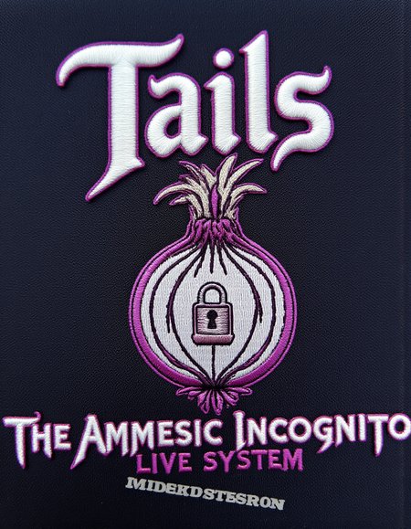 <lora:TextimproverV0.4:1> aidmatextimprover,   <lora:metal-logo:1> "Tails" in large text at the top. The text "The Amnesic Incognito Live System" is printed at the bottom.  Featuring  a purple and white logo of a  Mixture of onion, Lock and USB stick <lora:Embroidery_Patch_FLUX:1> patch, embroidery